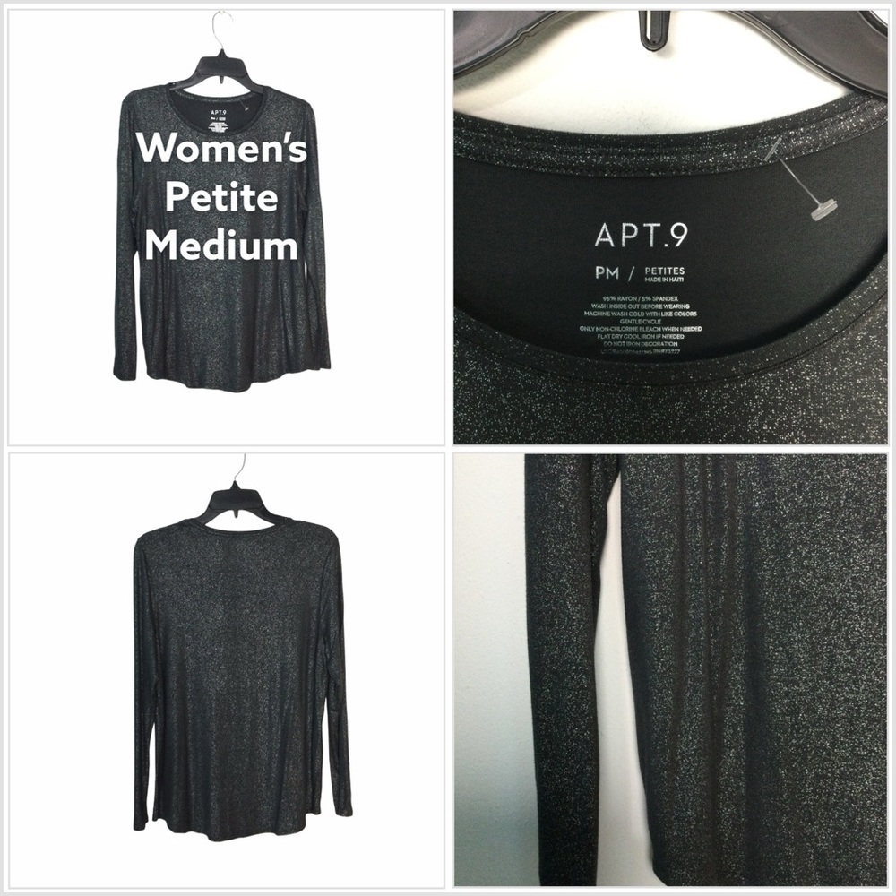 Apt. 9 Petite M Medium 8 - 10 Crew Shirt Gray Metallic Long Sleeve Stretch NEW